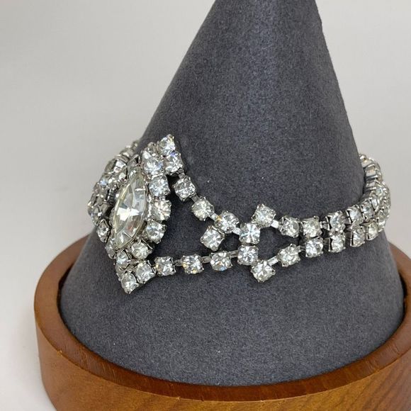 Vintage 1950’s Old Hollywood Clear Prong Set Rhinestone Line Bracelet W/ Marquis - Picture 6 of 10